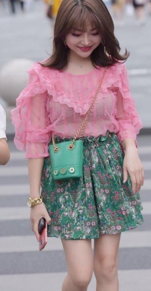 Pink floral top and green gauze skirt